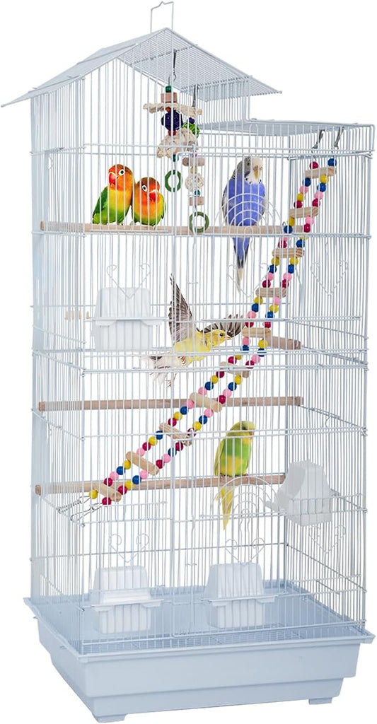 FDW 39 Inch Bird Cage Parakeet Cage with Play Top Rolling Stand & Easy Clean Pull-Out Tray Roof Top Parrot Cage for for Finches Canaries Parakeets Cockatiels & Other Small Birds, White by FDW