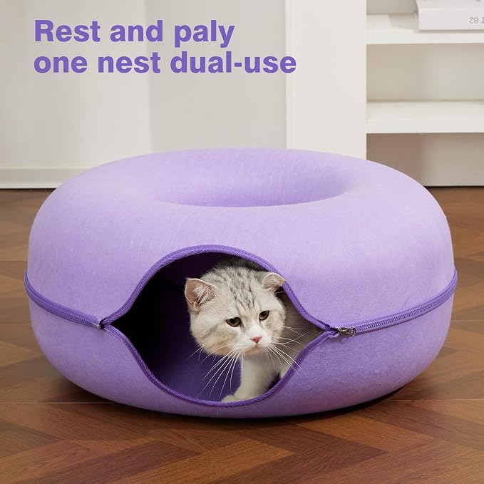 Cat Tunnel Bed for Indoor Cats with 3 Toys, Scratch Resistant Detachable and Washable Large Donut Cat Bed, Available in All Seasons (Purple, L(24x24x11)) - Image 2