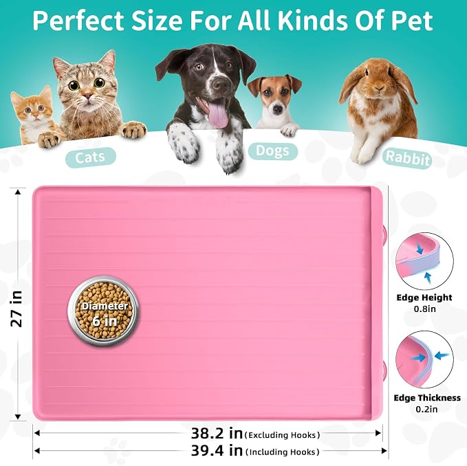 Dog Bowl Mat for Food and Water - 39.4" x 27" Thickened Large Dog Food Mat | Waterproof Pet Bowl Mat with Residue Collection Pocket and High Edges to Prevent Water and Food Spills - Pink - Image 2