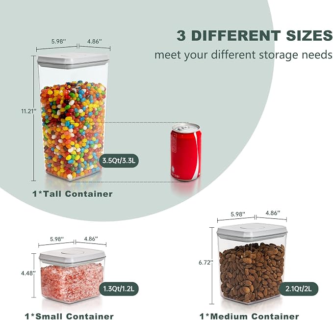 Airtight Food Storage Containers, 3.5/2.1/1.3 Qt, 3-Piece Set | Clear Stackable Canisters with One-Touch Lids for Flour, Cereal, Oats, Sugar, Snacks and Pantry Staples in Small Kitchens - Image 4