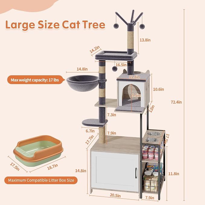 HavenlyYouth Cat Tree with Food Station and Litter Box Enclosure, Multi-Level Cat Tree Tower with Sisal Scratch Posts for Playtime, Plush Hammock in Gray for Cozy - Image 7
