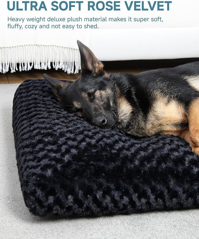 KSIIA Washable Dog Bed Anti-Slip Dog Crate Beds Deluxe Plush Kennel Pad Comfy Pet Sleeping Mat for Large Dogs, 35" x 23", Black - Image 2