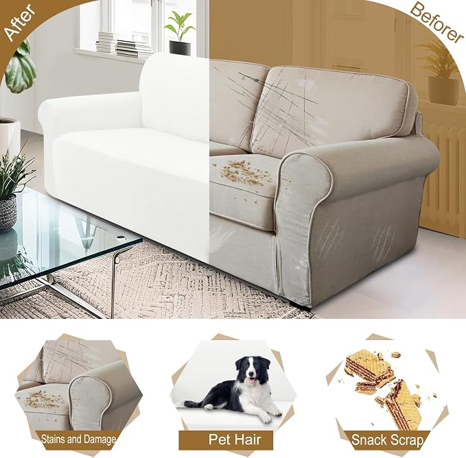 U-NICE HOME Velvet Loveseat Sofa Covers Stretch Couch Cover Furniture Protector Sofa Slipcover for Dogs (Medium, Off White) - Image 5