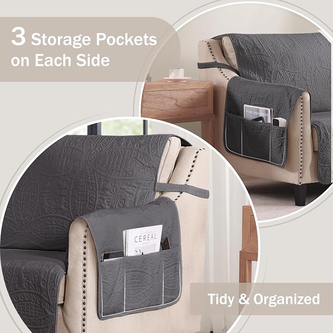 Quilted Recliner Chair Covers,Water-Repellent Recliner Slipcovers, Lazy Boy Recliner Cover Snug Fit, Pet Friendly Recliner Cover for Dogs Cats, Washable Couch Protector (Recliner 22", Gray) - Image 4