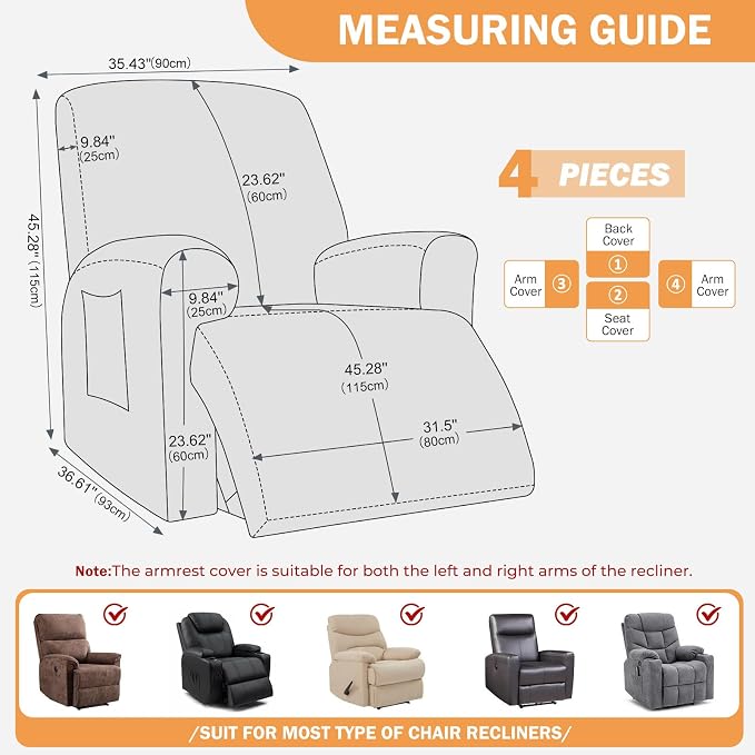 vctops Diamond Recliner Cover 4-Pieces Recliner Stretch Sofa Slipcover 1 Seater Couch Protector Soft Solid Furniture Protector Covers with Elastic Strap (White,1 Seat) - Image 2