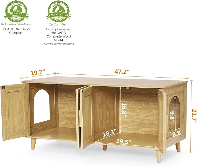 Homhedy Boho Cat Litter Box Enclosure for 2 Cats, Natural | Hidden Litter Box Furniture with Double Rattan Decorated Doors, Cat Washroom, Cat House, Dog-Proof, TV Stand - Image 2