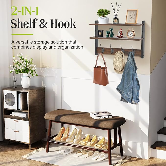 Two-Tier Wall Shelf with Hooks, 17" Coat Rack Wall Mount with Shelf, Key Hooks for Wall with Heavy Duty Double Hooks, Coat Hook Wall Mounted for Bedroom, Living Room, Rustic Brown - Image 3