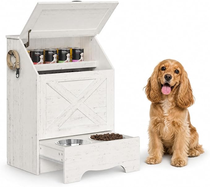 HOOBRO Dog Feeding Station with Sliding Drawer and 2 Hidden Bowls, Pet Feeding Station with Flip-Up Door, Dog Food Storage Cabinet with 2 Hooks for Living Room and Bedroom, Cloud White WT03PO03 by HOOBRO