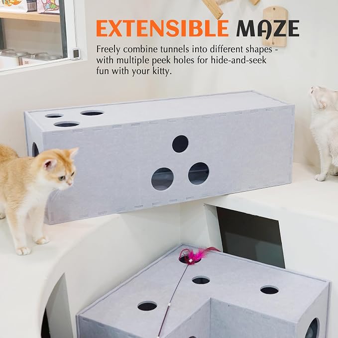 PETKARAY Cat Tunnel, Original Cat Hideaway Cave for Indoor Cats, Large Kitten Play Tubes and Tunnels, Soft Felt Cat Toy with Interactive Peek Hole， Grey Straight - Image 4