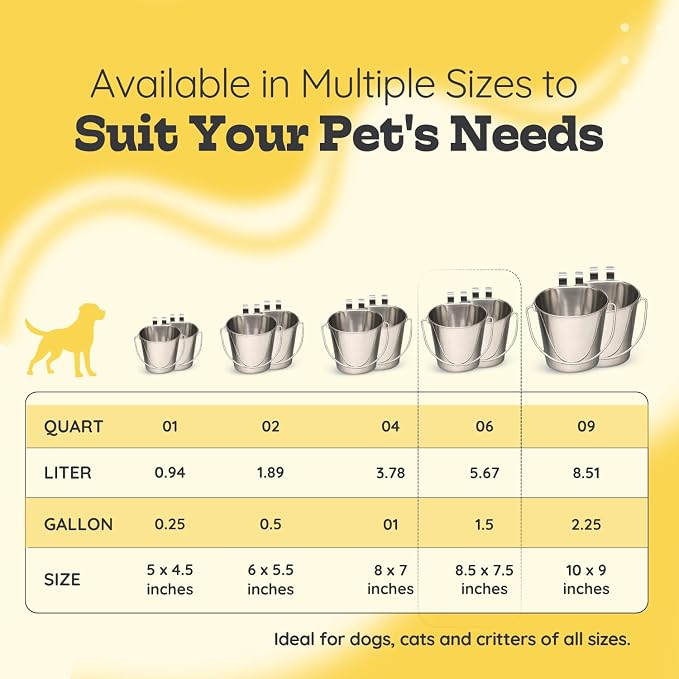 6 Quart Stainless Steel Flat Sided Bucket with Dual Hooks | 2 Pcs Food & Water Bowl for XL Dog Goat Cattle Horse & Livestock | Fits kennel Crate Cages Farm Hanging Pet Pail | Multipurpose - Image 7