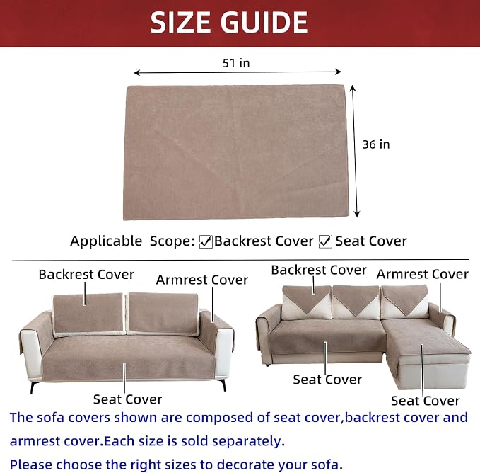 Couch Cover Sectional Couch Covers Non Slip Sofa Covers Washable for 3 Cushion Couch L Shaped Couch Protector Sofa Slipcovers for Kids Dogs Pets,Chenille,Camel,36''x51''(Only 1 Piece) - Image 3