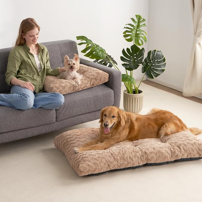 EHEYCIGA Washable Dog Bed for Crate 44x32 Inch, Anti-Slip XL Plus Kennel Pad for Extra Large Dogs Up to 85 lbs, Plush and Comfy Pet Sleeping Mat, Camel - Image 8