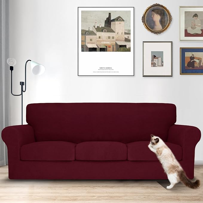 MAXIJIN 4 Piece Couch Covers for 3 Cushion Couch Sofa Covers, Stretch Couch Slipcovers for Sofas with 3 Cushions, Thick 3 Seat Furniture Protector for Dogs Pet (71"-91", Wine Red) - Image 2