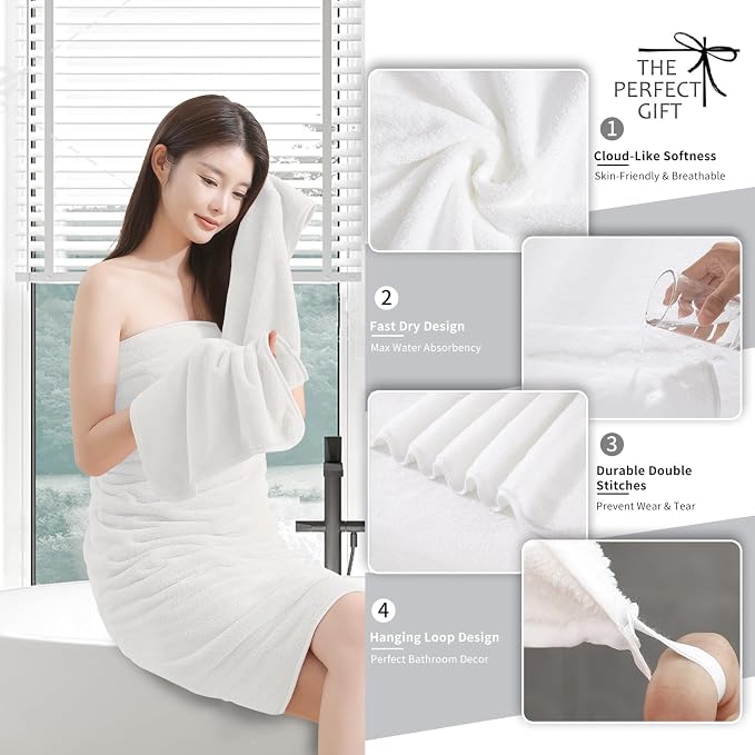 Extra Large Bath Sheet 4 Piece (35"x70")-Ultra Soft Oversized Bath Towel,Bath Sheet Set for Bathroom Hotel,Plush Highly Absorbent Quick Dry Shower Towel Set for Adults,Bathroom Towel Set White - Image 2