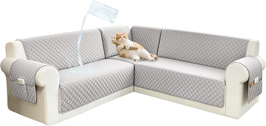 Sectional Couch Covers for Dogs 100% Waterproof Corner L Shaped Sofa Cover Pet Friendly Velvet Washable Anti Slip L Shape Modular Sofa Slipcover Protector with Pockets (Pale Gray, XX-Large) by SYJOVIA