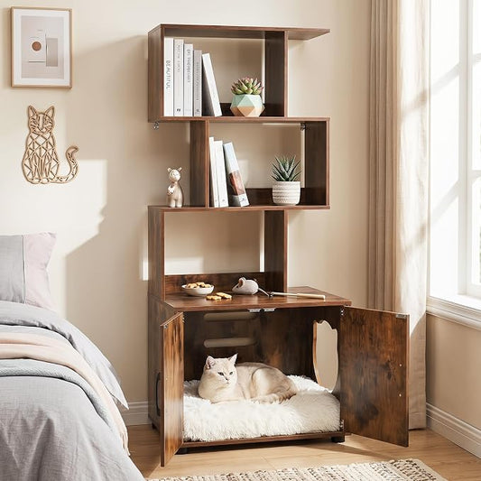 PETSITE Cat Litter Box Furniture with 3 Shelves and Doors, 56 inch Tall Cat Box Enclosure with Display Shelves and Side Entry, Indoor Hidden Litter Box with Decorative Storage Shelving (Rustic Brown) by PETSITE