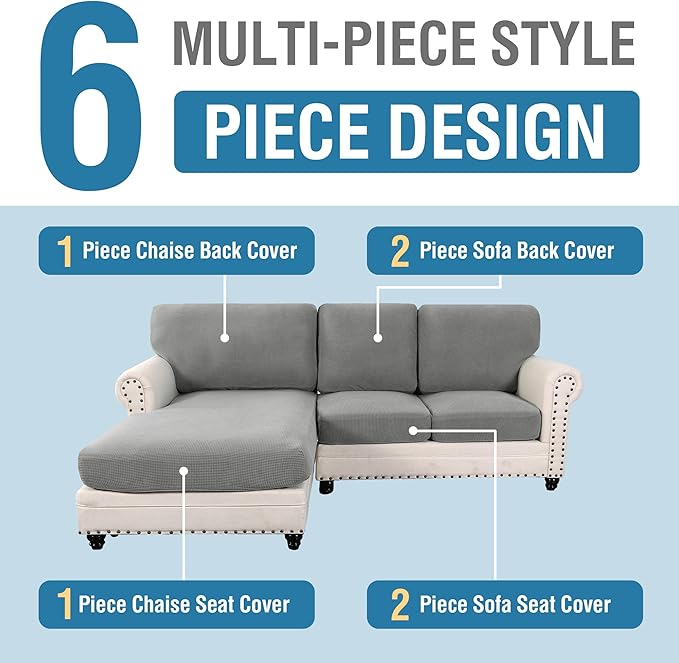 H.VERSAILTEX Sectional Couch Covers 6 Pieces Stretch Sofa Covers for Sectional Sofa Set Separate L Shaped Couch Cover for Both Left/Right Couch (Seat and Back: 1 Chaise + 2 Sofa, Dove) - Image 3