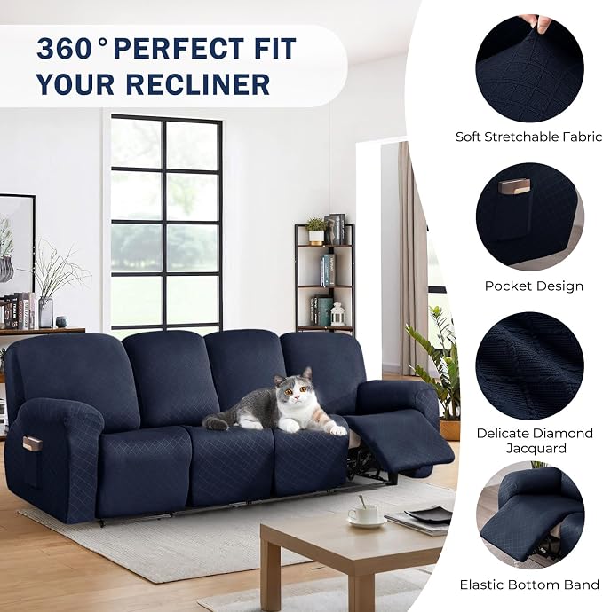 vctops Diamond Recliner Sofa Covers 10-Pieces Stretch Large RV Couch Covers for 4 Seats Reclining Slipcovers Soft Solid Furniture Protector (Navy,4 Seat) - Image 4