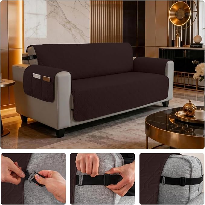100% Waterproof Quilted Couch Cover,Straps&Pockets,68" Chocolate | Washable sofa cover, pet-friendly, scratch-resistant furniture protector, quilted sofa cover, reversible, non-slip backing. - Image 6