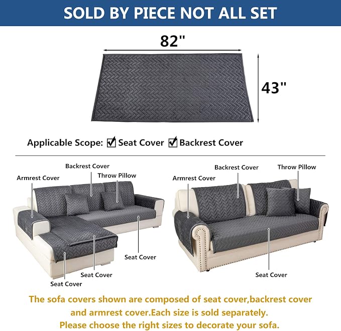 Eismodra Couch Cover,Sectional Couch Covers,Sofa Covers for 3 Cushion Couch,Anti-Slip Sofa Slipcovers for Dogs Cats Kids Loveseat Recliner L Shaped Armrest Backrest,Dark Gray 43''x82''(Only 1 Piece) - Image 5