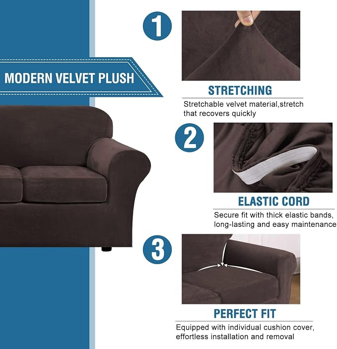 H.VERSAILTEX Real Velvet Plush 3 Piece Stretch Sofa Covers Couch Covers for 2 Cushion Couch Sofa Slipcovers Width Up to 90 Inch Feature Thick Soft Stay in Place (Large Sofa, Brown) - Image 3
