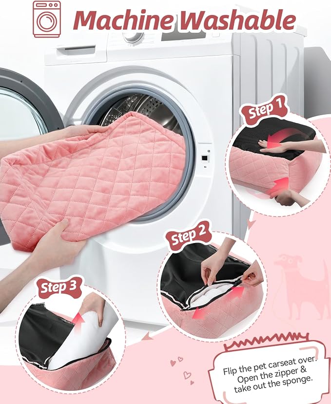 WOOAIDAGG Dog Car Seat for Small Dogs Up to 25lbs,Soft Washable Fabric Fill in Memory Foam,Easy to Assemble with 2 Clip-On Safety Leashes and Storage Pockets,Front or Back Seat are Both OK (Pink) - Image 5