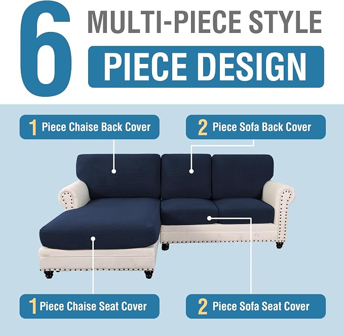 H.VERSAILTEX Sectional Couch Covers 6 Pieces Stretch Sofa Covers for Sectional Sofa Set Separate L Shaped Couch Cover for Both Left/Right Couch (Seat and Back: 1 Chaise + 2 Sofa, Navy) - Image 3