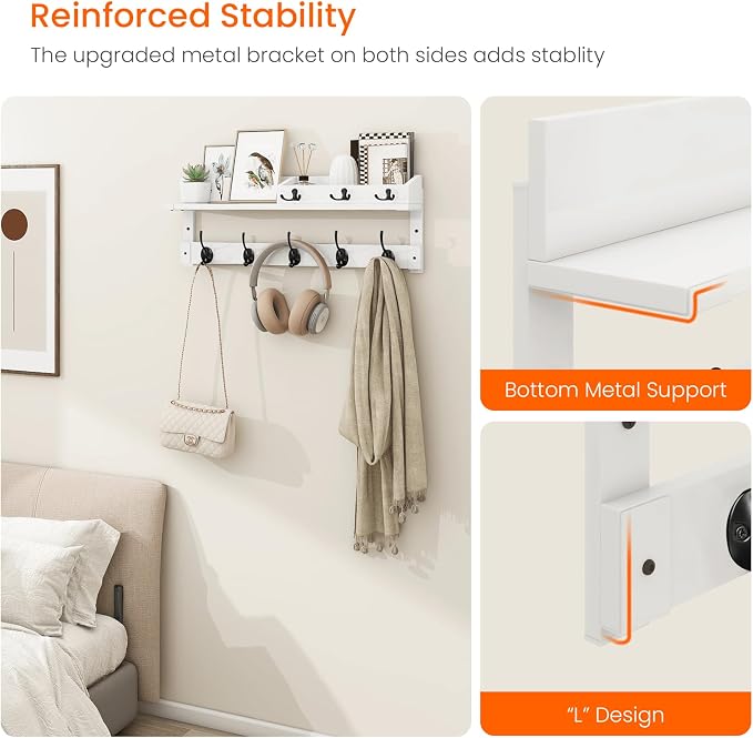 Homode Coat Rack Wall Mount with Hooks and Mail Holder | Entryway Floating Shelf with Key Hooks, Hanging Coat Hanger for Entry, Bathroom, Hallway, Bedroom, White - Image 3