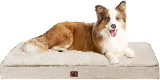 EHEYCIGA Large Orthopedic Memory Foam Dog Bed Washable, 36x27Inch, Beige | High Density Egg Crate Foam, Waterproof Liner, Removable Easy Clean Cover, Non-Slip Bottom, Fits Floor, Camping and Car by EHEYCIGA