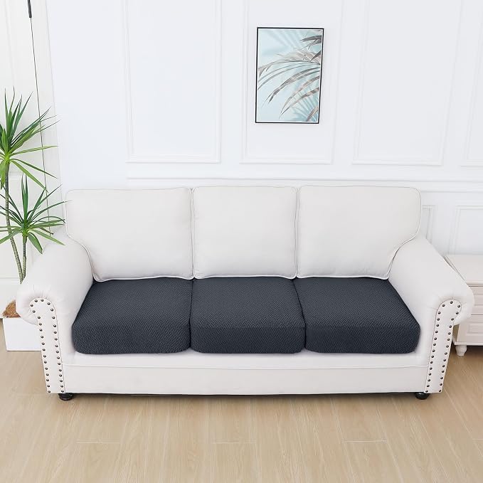 Smiry Waterproof Couch Cushion Covers, Non Slip Seat Cushion Covers | Stretch Jacquard Sectional Sofa Slipcover, Washable Elastic Furniture Protector for Pets, Kid, 3 Pieces, Dark Grey - Image 5