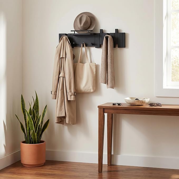 Mid Century Modern Wood Coat Rack Wall Mount with Shelf, 7 Hooks, Black | Wood and metal wall rack with fold-down piano-key hooks and display shelf organizes coats, bags, keys and decor up to 25 lb - Image 6