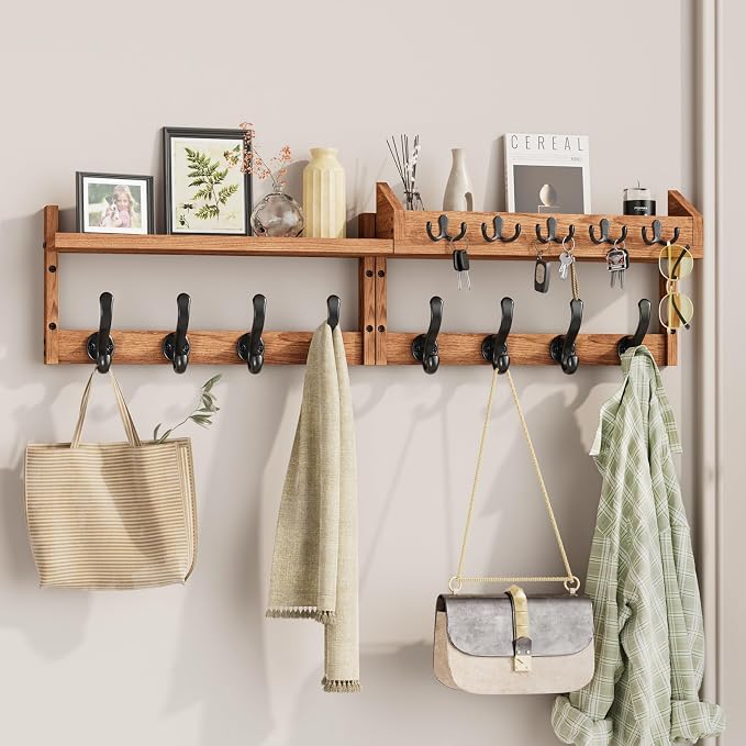 Evermagin 35" Coat Rack Wall Mount with Shelf & 13 Hooks, Entryway, Brown | 4-in-1: coat hooks, key hanger, mail holder & display shelf. Pine wood. For bedroom, hallway, mudroom, livingroom by Evermagin