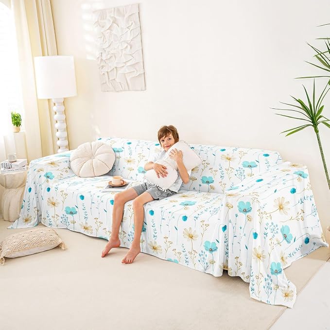 Watercolor Floral Couch Covers Light Blue Beige Flower Sofa Cover 91" X 118" Modern Minimalist Couch Protector Rustic Farmhouse Washable Non Slip Sofa Slipcover For Living Room Furniture Protector - Image 4