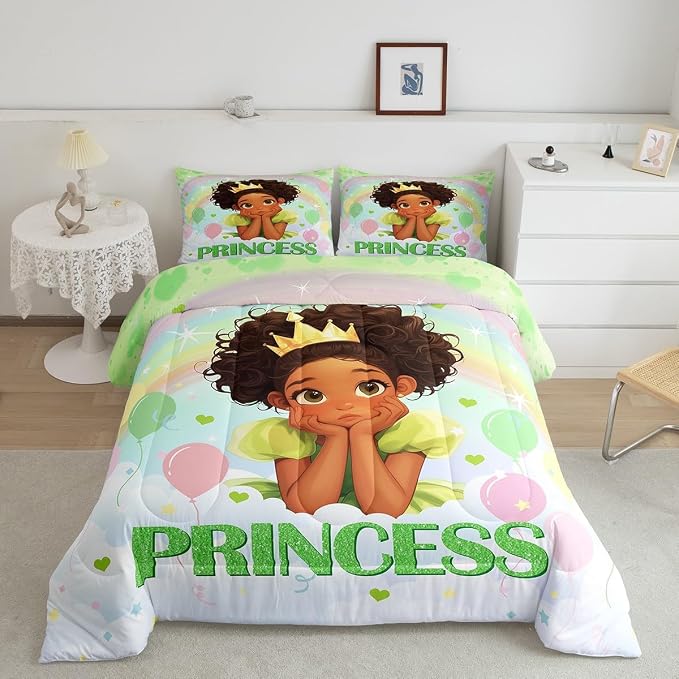 Manfei Black Princess Comforter Set Twin Size 2 Pcs,Green Love Hearts Rainbow Balloon Kawaii Bedding Set,Dreamy Girl Fairy Tale Theme Frog Golden Crown Quilt Set for Kids Girls Room,1 Pillowcase by Manfei