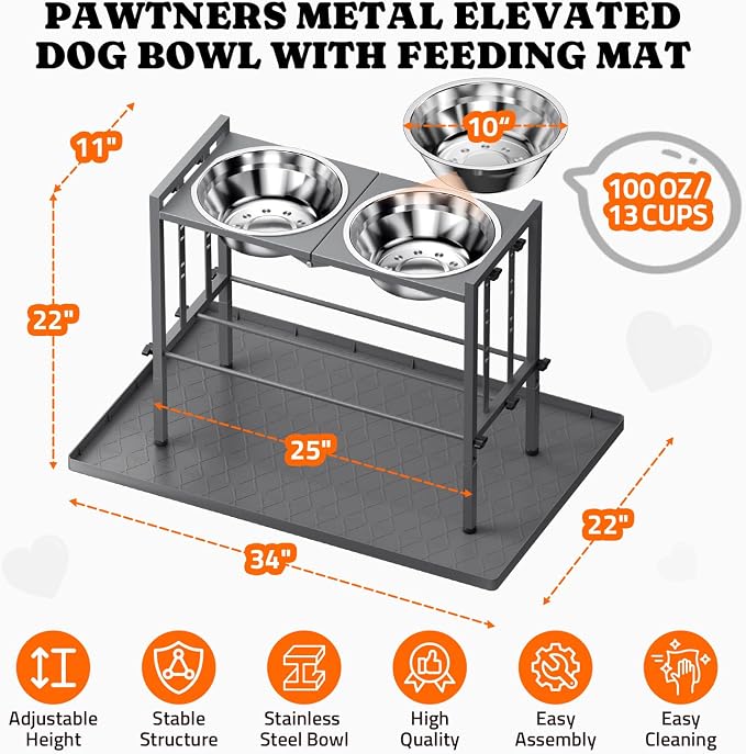 Elevated Dog Bowl for Large Breed, Height Adjustable Feeder with Mat, Gery | Adjustable Height at 15°Tilted Angle, Lightweight, Nonslip, All-Iron Structure, Stainless Steel bowls, Easy Assembly Cleaning - Image 6