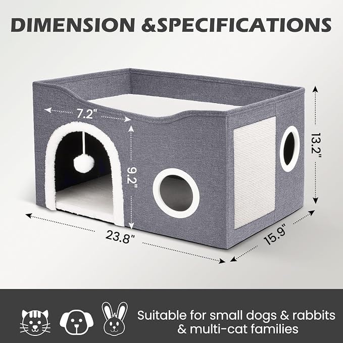 Heeyoo Cat House for Indoor Cats - Large Cat Bed Cave with Fluffy Ball and Scratch Pad, Foldable Cats Houses & Condos, Cat Hideaway, Covered Kitty Bed for Multi Small Large Kitty, 23.8x15.9x13.2 Inch - Image 3