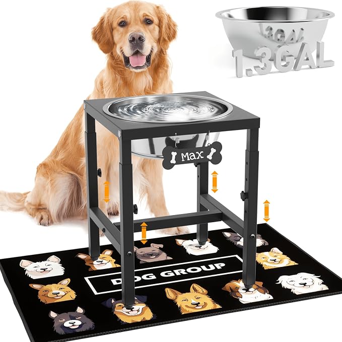 ADENGL 1.32 Gallon Elevated Dog Water Bowl for Large Dogs, 4-Height Adjustable (13–18'') Raised Stainless Steel Bowl with Spill-Proof Mat & Sturdy Metal Stand, Easy-Clean Feeder for Indoor/Outdoor Use by ADENGL