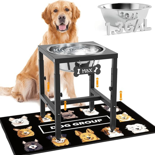 ADENGL 1.32 Gallon Elevated Dog Water Bowl for Large Dogs, 4-Height Adjustable (13–18'') Raised Stainless Steel Bowl with Spill-Proof Mat & Sturdy Metal Stand, Easy-Clean Feeder for Indoor/Outdoor Use by ADENGL