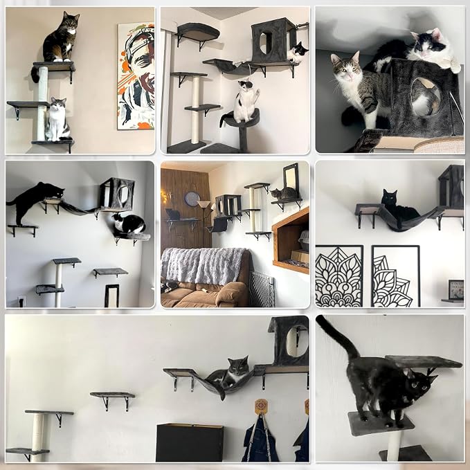 NUNU LAB Wall Mounted Cat Furniture Set - 6 Pcs Climber Set with House, Bridge, Steps, Scratcher Board - DIY Walls Playground, Indoor Cat Shelves - Black - Image 7