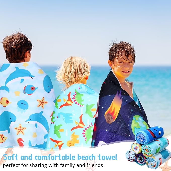 Tingjoo 24 Pcs Kids Microfiber Beach Towel Set 8 Beach Towels Bulk with 8 Storage Bags 8 Beach Ties 30" x 60" Unicorn Mermaid Dolphin Flamingo Quick Dry Towel for Pool Swim Bath Picnic Camping (Boys) - Image 3