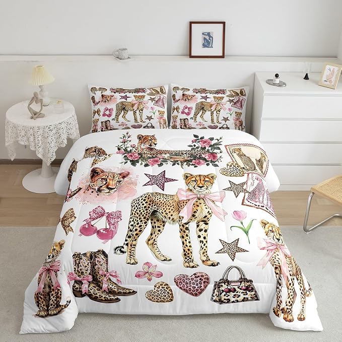 Manfei Girly Bow Cute Comforter Sets King Size,Cartoon Cheetah Boots Bedding Comforter for Kids Girls Boys,Wild Animal Prints Quilt Sets for Bedroom Decor,Duvet Insert,2 Pillowcase,Pink Brown - Image 2