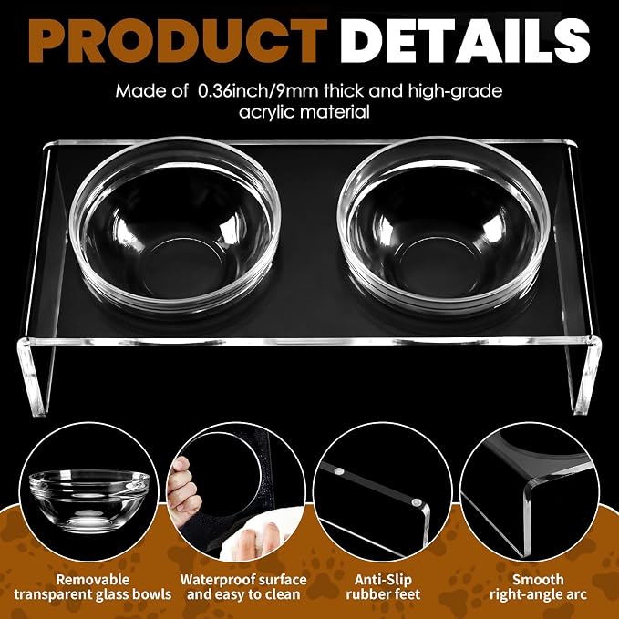 Acrylic Elevated Dog Cat Bowls Pet Feeder Double Bowl Raised Stand Comes with 2 Removable Glass Bowls and 2 Stainless Steel Bowls.Perfect for Medium Dogs, 5.5" Tall - Image 5