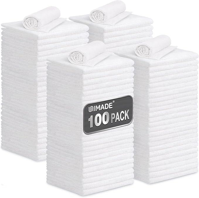 UNIMADE Shop Towels, 100 Pack Commercial Grade Work Rags Microfiber Towels | for Cars Cleaning Rags Bulk Detailing Cloth for Automotive Bar Mechanic Restaurant Garage Housekeeping, 11.5"x 11.5", White by Unimade