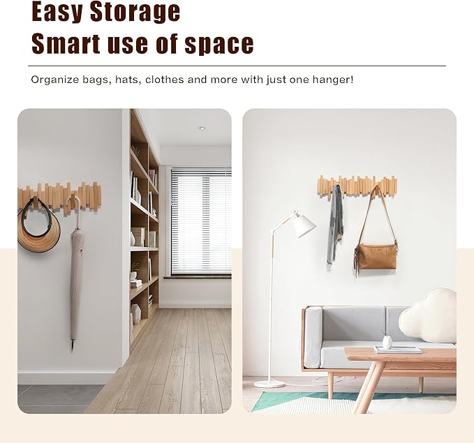 Coat Rack Wall Mount Piano Flip Down Wall Hook Rack 6 Hooks Beech | Natural Wood Handmade Unique Hanger for Coats Bag Hat Umbrella key Wall Art In the foyer living room bedroom bathroom office - Image 2