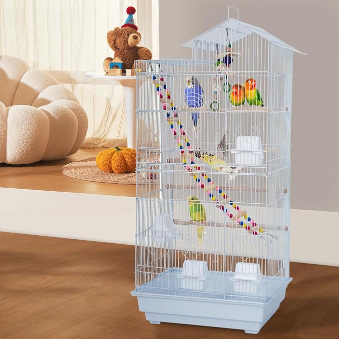FDW 39 Inch Bird Cage Parakeet Cage with Play Top Rolling Stand & Easy Clean Pull-Out Tray Roof Top Parrot Cage for for Finches Canaries Parakeets Cockatiels & Other Small Birds, White - Image 6