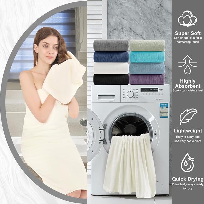 8 Piece Bath Towel Set |2 Oversized Large Bath Sheet,2 Hand Towels,4 Washcloths| Ultra Soft Cozy Bath Towel Set for Bathroom Hotel Gym Spa,Highly Absorbent Quick Dry Bathroom Towel Collections,Cream - Image 8