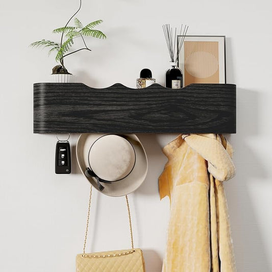 Coat Rack Wall Mount with Shelf 4 Hidden Hooks Modern Wooden Key Holder Entryway Organizer for Hallway Bedroom Bathroom Home Decor Storage for Hanging Coats Hats Bags Towels, Wave-Shape Black by Jadoxy