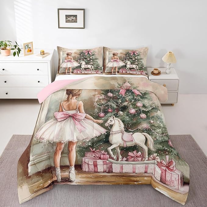 Manfei Ballet Girl Xmas Comforter Set King Size,Christmas Pine Tree Jungle Bell Romantic Bedding Set for Adults Room,Princess Style Unicorn Pink Bowknot Down Comforter,3 Pcs 2 Pillowcases - Image 3