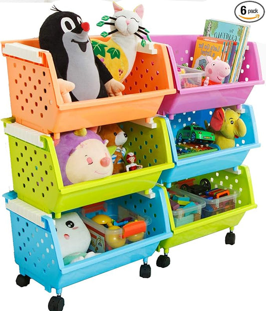 Kids' Toys Chest Large Baskets Storage Bins Organizer with Wheels Can Move Everywhere Natural/Primary (Primary Collection) (6 Baskets Choose) by MAGDESIGNER