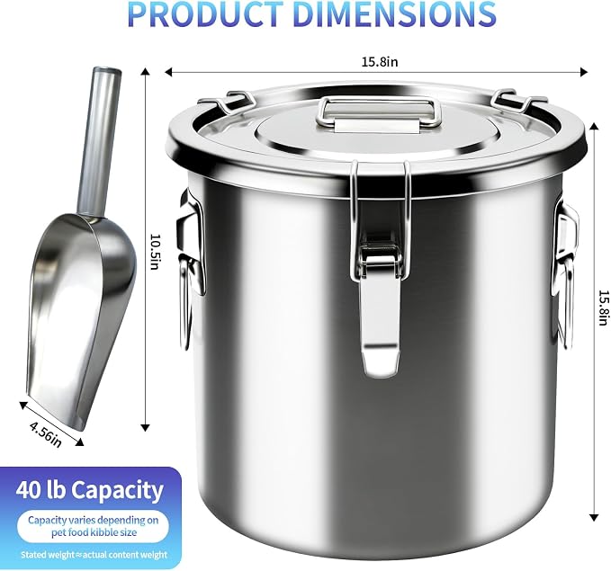 40 lb Stainless Steel Dog Food Storage Container, Airtight Metal Pet Food Storage Bin with Lid and Scoop, Large Dog Food Container for Dry Food, Keep Fresh, Easy to Clean - Image 2